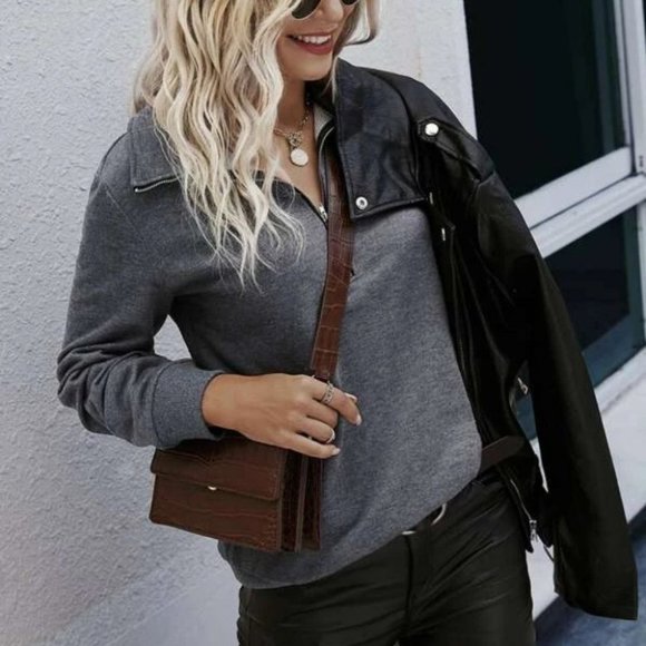 Casual Gray Pullover Zip Front detail Sweatshirt top - Picture 3 of 6